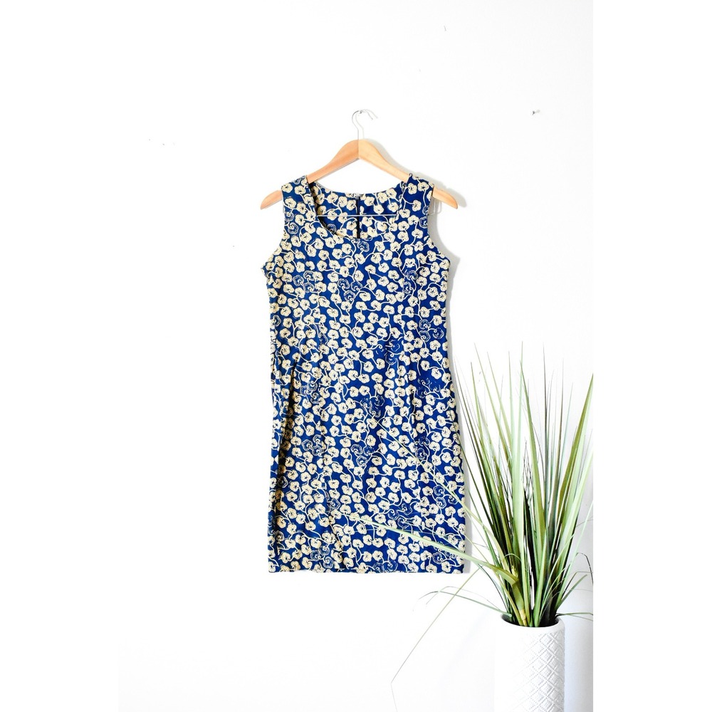 Handmade Shift Dress Women M Blue Cream Vintage Floral Sleeveless Scoop Neck